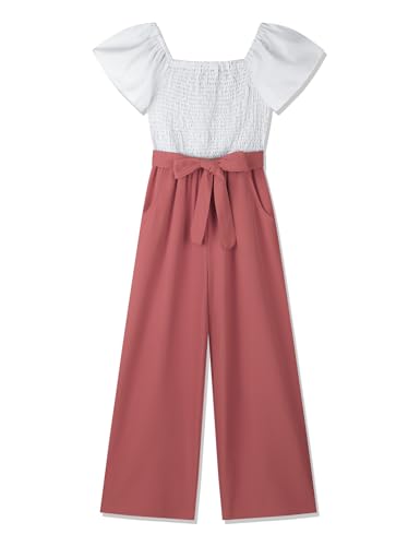 Gaupafmb Mädchen-Jumpsuits & Strampler mit weitem Bein und Gürtel, elastisch, quadratischer Ausschnitt, Flügelärmel, Mädchen-Strampler Größe 7-14, Pink, 10-11 Jahre von Gaupafmb