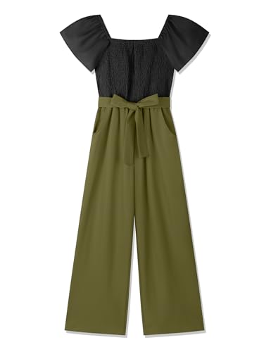 Gaupafmb Mädchen-Jumpsuits & Strampler mit weitem Bein und Gürtel, elastisch, quadratischer Ausschnitt, Flügelärmel, Mädchen-Strampler Größe 7-14, Schwarz-Grün, 7-8 Jahre von Gaupafmb