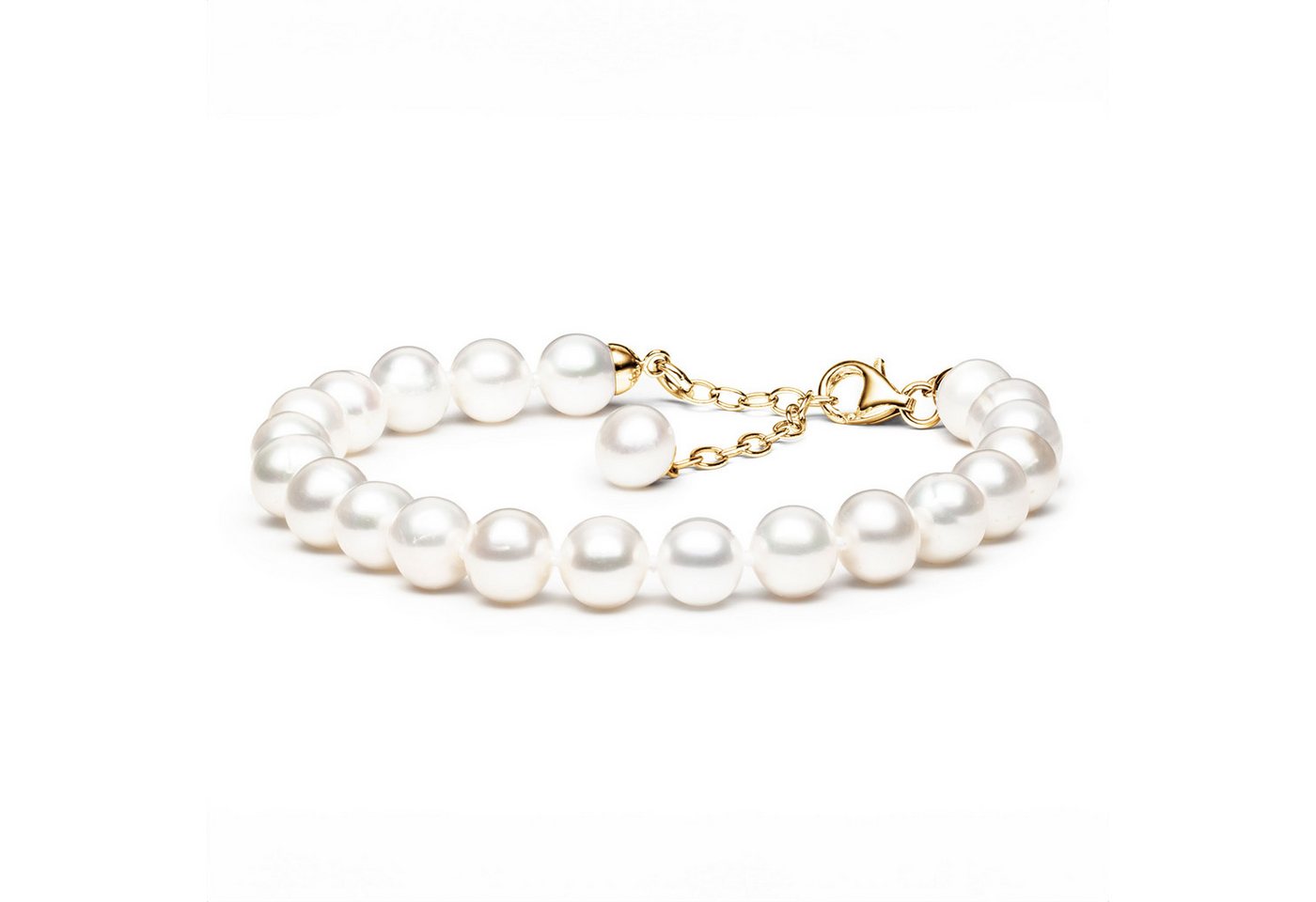Gaura Pearls Perlenarmband Damen – Weiße Süßwasserperlen 8–9 mm • 19–22 cm variabel, 585 Gelbgold-plattierter 925 Silber Verschluss von Gaura Pearls