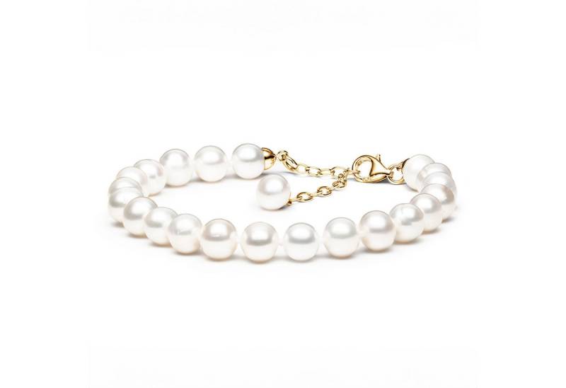 Gaura Pearls Perlenarmband Damen – Weiße Süßwasserperlen 8–9 mm • 19–22 cm variabel, 585 Gelbgold-plattierter 925 Silber Verschluss von Gaura Pearls