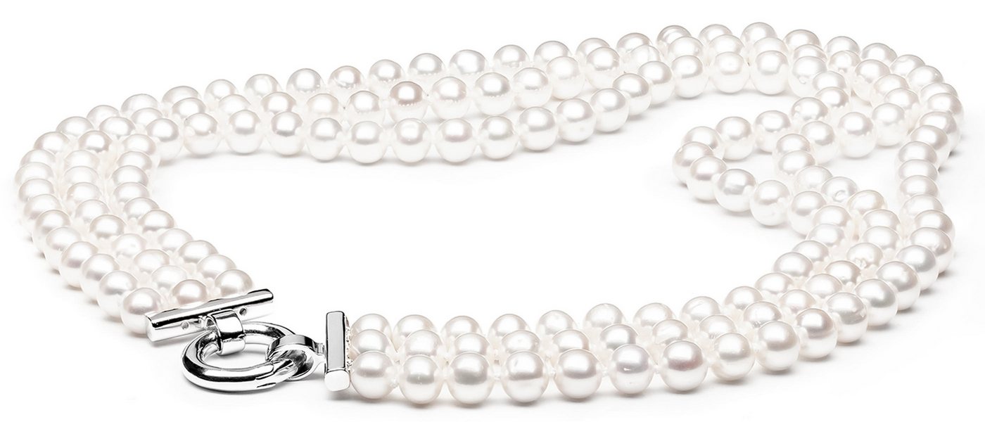 Gaura Pearls Perlenkette 3-reihiges Perlencollier weiß, 5.5-6.5 mm, rund, 40 cm, 925er rhodiniertes Silber von Gaura Pearls