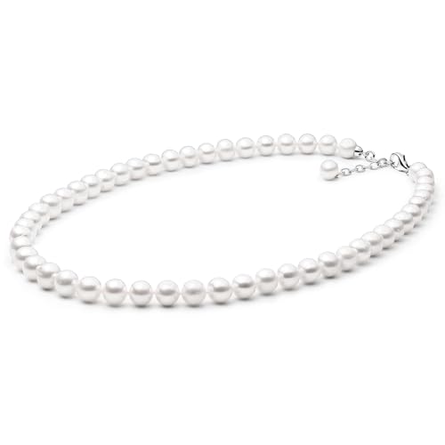 Gaura Pearls Perlenkette - ECHTE RUNDE Süßwasserzuchtperlen, weiß, 9 mm, 50-53 cm, 925 Silber von Gaura