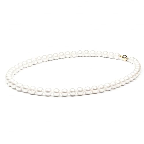 Gaura ECHTE Perlenkette 50 cm - 585 Weiß/Gelbgold, RUNDE Zuchtperlen 9 mm, weiß von Gaura