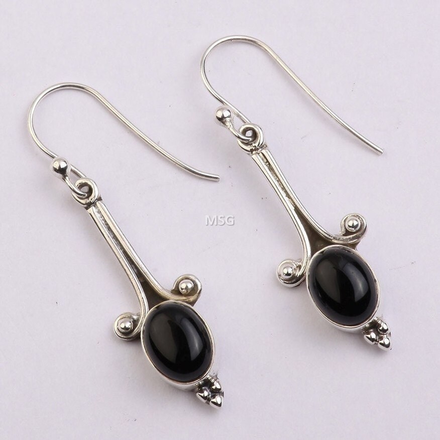 Natürliche Schwarze Onyx Silber Ohrring Schwarz Cabochon Stein 925 Sterling Handgefertigte Designer Kostenloser Versand von Gaurvienterprises