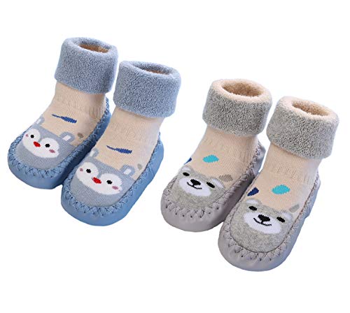 2 Paar Weiche Baby Hausschuhe Winter Socken Kleinkind Mädchen Hausschuhe Baumwolle Neugeborene Jungen Warme Lauflernschuhe Weiche Sohle rutschfest Krabbelschuhe, Blau Grau, Größe 6-12 Monate von Gavena