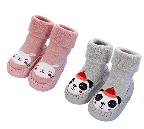 2 Paar Weiche Baby Hausschuhe Winter Socken Kleinkind Mädchen Hausschuhe Baumwolle Neugeborene Kinder Warme Lauflernschuhe Weiche Sohle Rutschfest Krabbelschuhe, Rosa Pink, Größe 0-6 Monate von Gavena