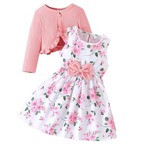 Mädchen Kleid mit Langarm Strickjacke Kinder Sommer Kleider Blumen A-Linie Partykleider(2-3 Jahre,Rosa) von Gavena