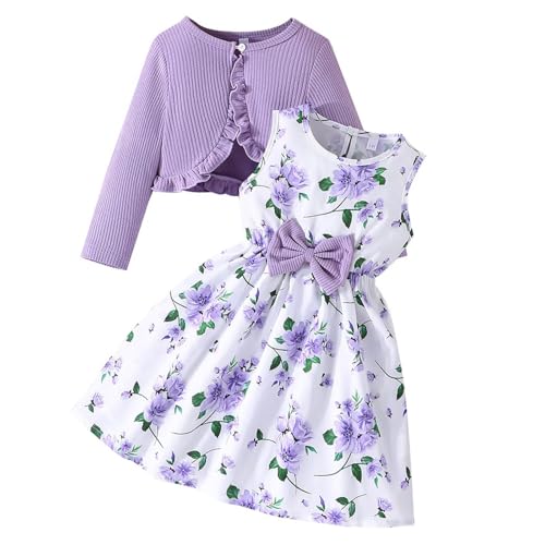 Mädchen Kleid mit Langarm Strickjacke Kinder Sommer Kleider Blumen A-Linie Partykleider(4-5 Jahre,Violett) von Gavena