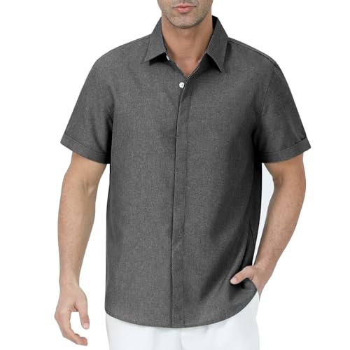 Gavliuu Herrenhemd Kurzarm - Mit versteckten Knöpfen, 30% Leinen,70% Viskose, Dunkelgrau, 4XL​ von Gavliuu
