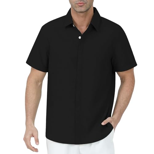 Gavliuu Herrenhemd Kurzarm - Mit versteckten Knöpfen, 30% Leinen, 70% Viskose,Schwarz, 4XL​​ von Gavliuu