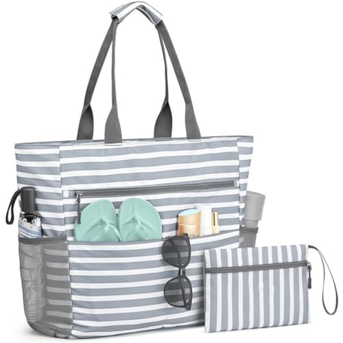Gaxcent Große wasserdichte Strandtasche Damen Mit Reißverschluss, Familie, Faltbare Badetasche Damen Mit Mehreren Taschen Beach Bag Für Strand, Reisen, Pool,C von Gaxcent
