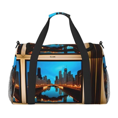 Chicago Reisetasche mit reflektierendem Druck, Wochenendtasche, Turnbeutel, Übernachtungstaschen, Reiseutensilien für Damen und Herren, Schwarz , Einheitsgröße von GaxfjRu