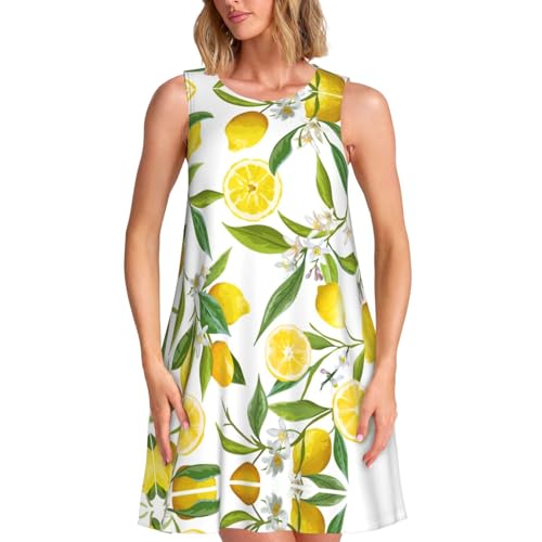Frisches tropisches Zitronenmuster, ärmelloses Sommerkleid, Strandkleid, hohe Taille, A-Linie, Midi-Tankkleider, Schwarz, Mittel von GaxfjRu