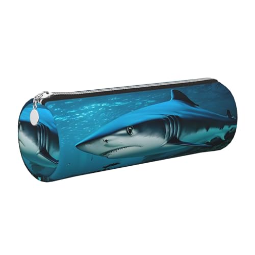 GaxfjRu Blue Shark Rundes Federmäppchen aus Kunstleder – Aufbewahrung für Stifte, Bleistifte, Marker, Kleinbedarf, Metall-Reißverschluss mit Leder, silber, Einheitsgröße, Kartenhalter von GaxfjRu