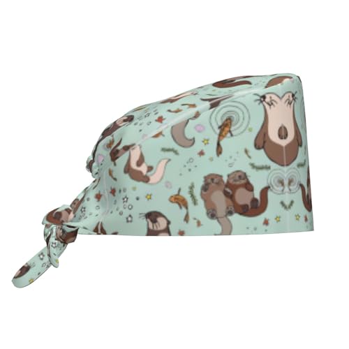 GaxfjRu Cartoon Cute Otter Premium Bouffant Scrub Caps mit Satinfutter - Verstellbare OP-Kappen für Männer und Frauen, Schwarz , Einheitsgröße von GaxfjRu