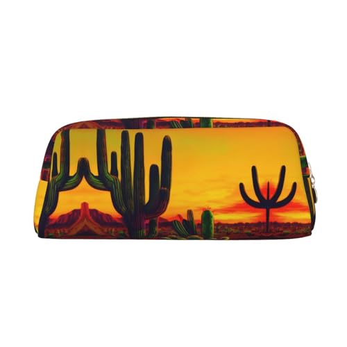 GaxfjRu Federmäppchen aus Leder, Motiv: Kaktus in Wüste, niedliches Federmäppchen, kleines Federmäppchen, schöne Schreibwaren-Tasche, tragbare Kosmetiktasche, Reißverschlusstasche von GaxfjRu