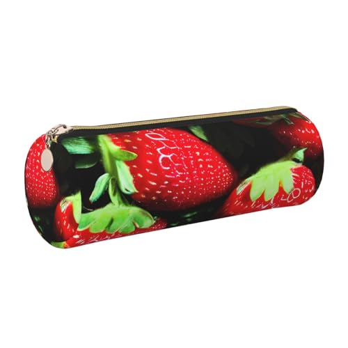 GaxfjRu Federmäppchen für Füllfederhalter und Bleistifte, Leder, mit Reißverschluss, Erdbeermuster, weich, genarbt von GaxfjRu