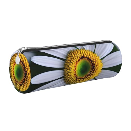 GaxfjRu Gänseblümchen Federmäppchen rund Kunstleder - Aufbewahrung für Stifte, Bleistifte, Marker, kleine Vorräte Metall Reißverschluss mit Leder, silber, Einheitsgröße, Kartenhalter von GaxfjRu