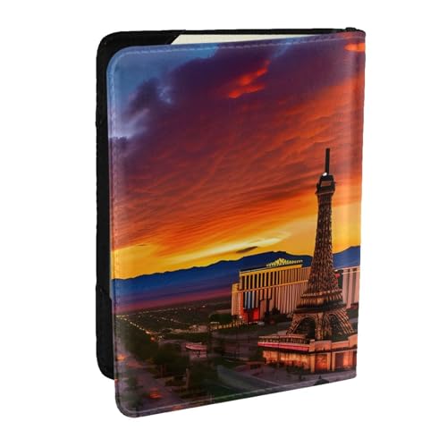 GaxfjRu Las Vegas Reisepasshülle aus Leder, Motiv: Sonnenuntergang, wasserdicht, Reisebrieftasche, Reisepasshülle für Damen und Herren, Schwarz , Einheitsgröße von GaxfjRu