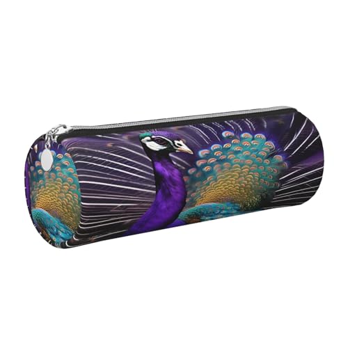 GaxfjRu Lila Pfau Rundes Federmäppchen aus Kunstleder – Aufbewahrung für Stifte, Bleistifte, Marker, Kleinbedarf, Metall-Reißverschluss mit Leder, silber, Einheitsgröße, Kartenhalter von GaxfjRu
