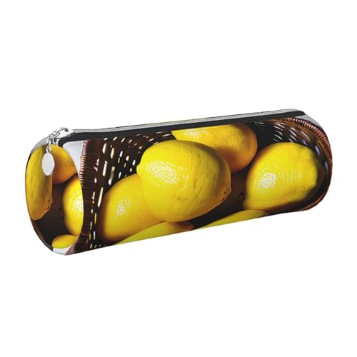 GaxfjRu One Basket Lemons Rundes Federmäppchen aus Kunstleder – Aufbewahrung für Stifte, Bleistifte, Marker, Kleinbedarf, Metall-Reißverschluss mit Leder, silber, Einheitsgröße, Kartenhalter von GaxfjRu
