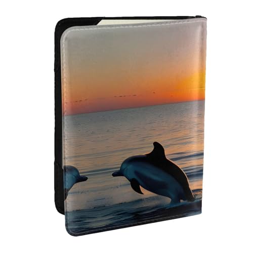 GaxfjRu Reisepasshülle aus Leder, Motiv: Sonnenuntergang Delfine, wasserdicht, Reisebrieftasche, Reisepasshülle für Damen und Herren, Schwarz , Einheitsgröße von GaxfjRu