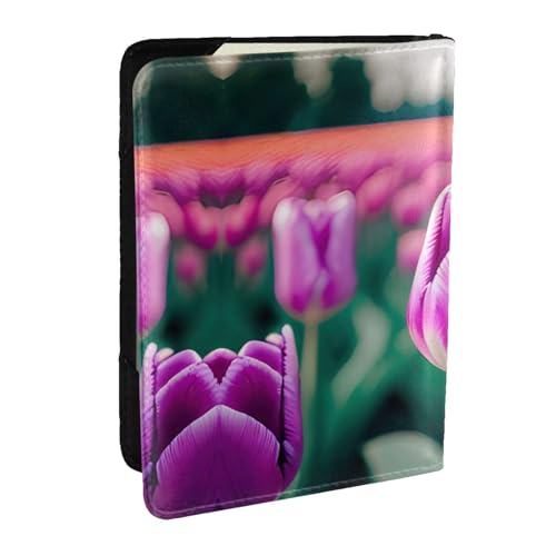 GaxfjRu Reisepasshülle aus Leder, mit Tulpenmuster, wasserdicht, für Damen und Herren, Violett, Schwarz , Einheitsgröße von GaxfjRu