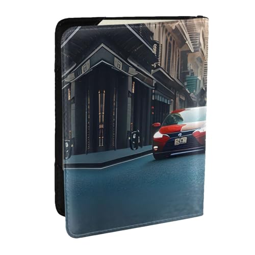 GaxfjRu Reisepasshülle aus Leder mit Auto- und Fahrradaufdruck, wasserdicht, Reisebrieftasche, Reisepasshülle für Damen und Herren, Rot, Schwarz , Einheitsgröße von GaxfjRu