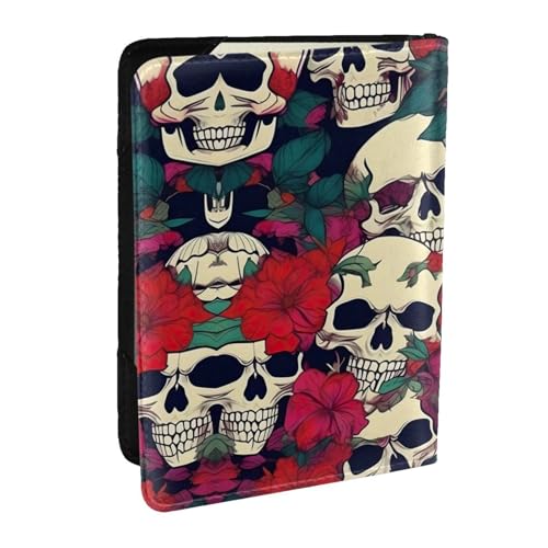 GaxfjRu Reisepasshülle aus Leder mit Blumenmotiv und Totenköpfen, wasserdicht, Reisebrieftasche, Reisepasshülle für Damen und Herren, Schwarz , Einheitsgröße von GaxfjRu