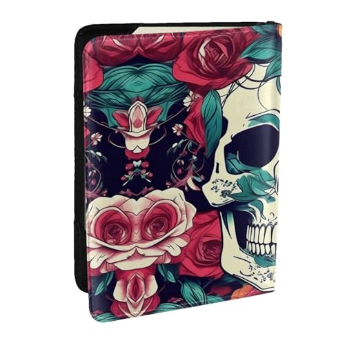 GaxfjRu Reisepasshülle aus Leder mit Blumenschädel und Ornamentdruck, wasserdicht, Reisebrieftasche, Reisepasshülle für Damen und Herren, Schwarz , Einheitsgröße von GaxfjRu