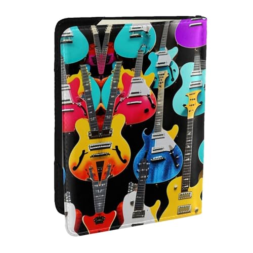 GaxfjRu Reisepasshülle aus Leder mit buntem Gitarren-Aufdruck, wasserdicht, Reisebrieftasche, Reisepasshülle für Damen und Herren, Schwarz , Einheitsgröße von GaxfjRu