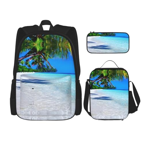 GaxfjRu Rucksack, Motiv: tropischer weißer Sandstrand und Ozean, 3-teiliges Rucksack-Set für Stiche, Lunchbox und Federmäppchen, perfekt für Schule, Rucksack für Herren GaxfjRu Rucksack, Motiv: tropischer weißer Sandstrand und Ozean, 3-teiliges Rucksack-Set für Stiche, Lunchbox und Federmäppchen, perfekt für Schule, Rucksack für Herren von GaxfjRu