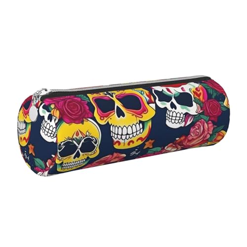 GaxfjRu Sugar and Skulls and Flowers Round Pencil Case Faux Leather - Storage for Pens, Pencils, Markers, Small Supplies Metal Zipper with Leather, silber, Einheitsgröße, Kartenhalter GaxfjRu Sugar and Skulls and Flowers Round Pencil Case Faux Leather - Storage for Pens, Pencils, Markers, Small Supplies Metal Zipper with Leather, silber, Einheitsgröße, Kartenhalter von GaxfjRu