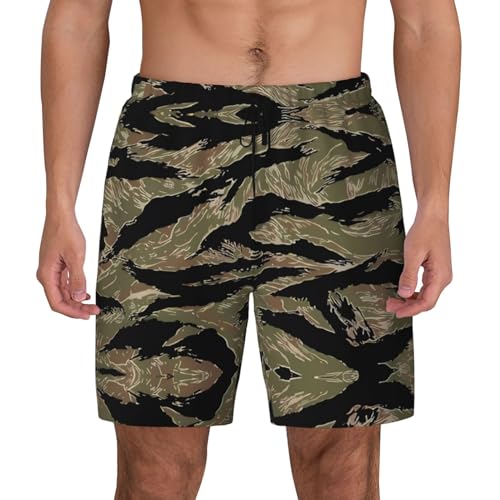 GaxfjRu Tiger Stripe Camo Herren-Badehose, schnelltrocknend, 3D-Druck, Strand-Shorts, Board-Shorts mit Handytasche, Bademode, Schwarz, XX-Large von GaxfjRu