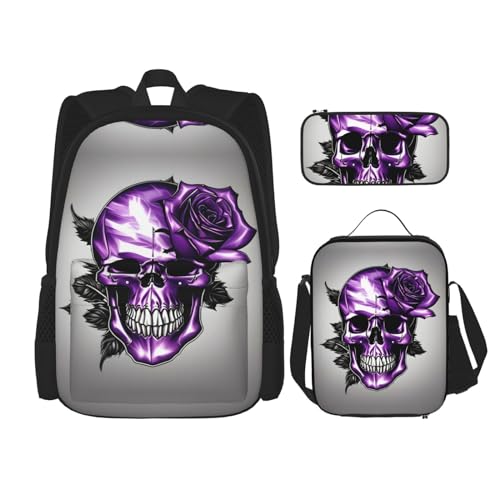 GaxfjRu Violette Rose und Totenkopf, 3-teiliges Rucksack-Set für Stiche, Lunchbox und Federmäppchen, perfekt für Schule, Rucksack für Herren GaxfjRu Violette Rose und Totenkopf, 3-teiliges Rucksack-Set für Stiche, Lunchbox und Federmäppchen, perfekt für Schule, Rucksack für Herren von GaxfjRu