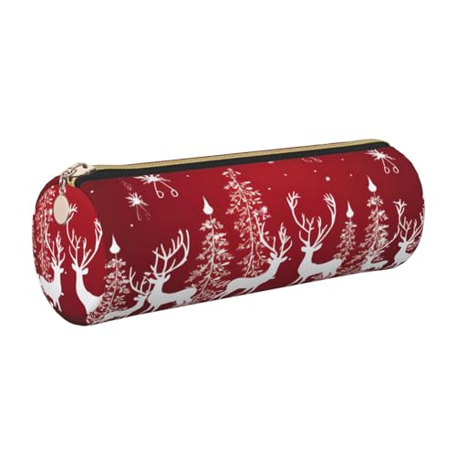 GaxfjRu Weihnachten Winter Landschaft Hirsch Rund Federmäppchen Kunstleder - Aufbewahrung für Stifte, Bleistifte, Marker, Kleinbedarf Metall Reißverschluss mit Leder, gold, Einheitsgröße, Kartenhalter von GaxfjRu