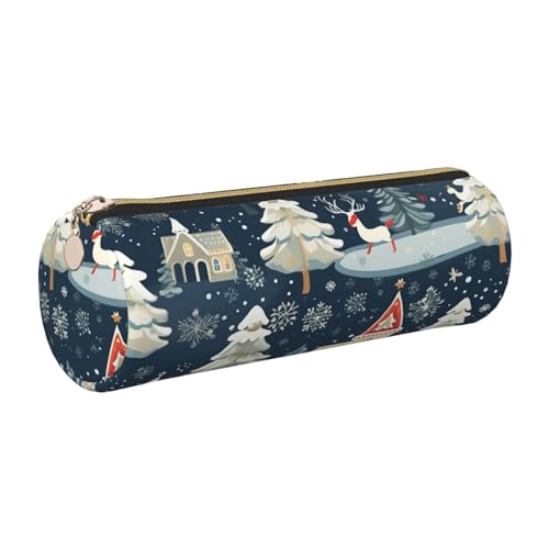 GaxfjRu Weihnachten Winter Landschaft Hirsch Rund Federmäppchen Kunstleder - Aufbewahrung für Stifte, Bleistifte, Marker, Kleinbedarf Metall Reißverschluss mit Leder, gold, Einheitsgröße, Kartenhalter von GaxfjRu