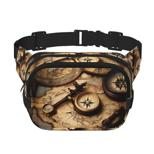 Große Bauchtasche für Damen, Kompass und alte Weltkarte, niedliche Umhängetasche, modische Bauchtasche, Schwarz, Einheitsgröße von GaxfjRu
