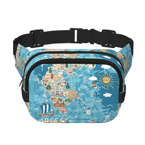Große Bauchtasche für Damen, Motiv: Griechenlandkarte, niedlich, Cross-Body-Bauchtasche, modische Bauchtasche, Schwarz, Einheitsgröße von GaxfjRu