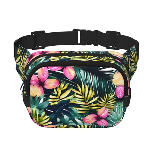 Große Bauchtasche für Damen, Motiv: tropische Sommer, hawaiianische Blume, Palmblätter, niedlich, Cross-Body-Bauchtasche, modische Bauchtasche, Schwarz, Einheitsgröße von GaxfjRu