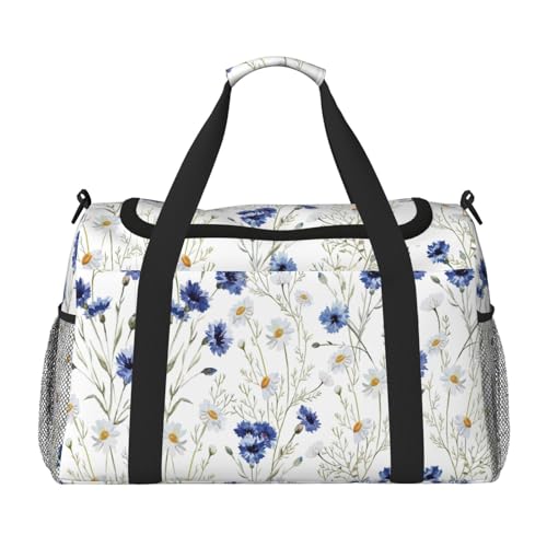 Große Reisetasche aus Segeltuch, Motiv: Blumen und Kornblumen, Gänseblümchen, Wochenendtasche für Damen, Übernachtungstasche, Handgepäcktasche, Schwarz, Einheitsgröße von GaxfjRu
