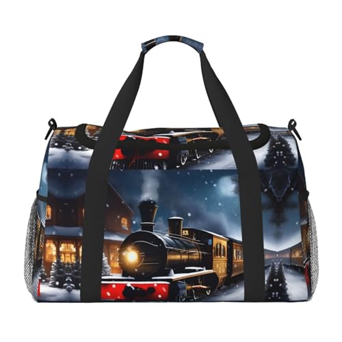 Große Reisetasche aus Segeltuch, Motiv: Winter, Weihnachten, Schnee, Nacht, Eisenbahn, Zug, Wochenendtasche für Damen, Übernachtungstasche, Handgepäcktasche, Schwarz, Einheitsgröße von GaxfjRu