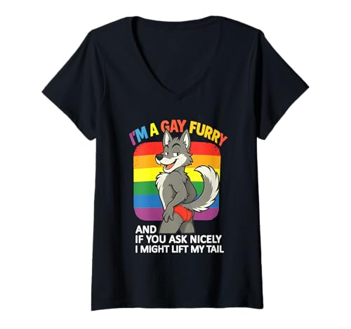 Damen Gay Furry Pride Slogan Lustiger Rainbow Furry Pride Humor T-Shirt mit V-Ausschnitt von Gay Furry Pride Tee