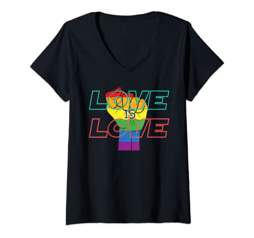 Damen LGBTQ Christopher Street Day Love is Love T-Shirt mit V-Ausschnitt von Gay Merch LGBT Accessoires Pride Outfit Herren
