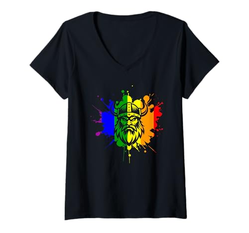 Damen Viking Gay Lesbisch LGBTQ Ally Rainbow Nordic Vikings Norse T-Shirt mit V-Ausschnitt von Gay Viking LGBTQ Apparel