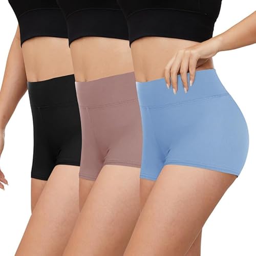 Gayhay 3er Pack Kurze Leggings Damen High Waist Radlerhose Damen Kurz für Kleid Hotpants Sport Shorts Sporthose,Schwarze/Hautfarbe/Blau,XS von Gayhay