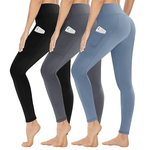 Gayhay 3er Pack Sport Leggings Damen mit Taschen High Waist Schwarz Sportleggins Lang Sporthosen Gym Yoga Leggins Blickdicht Stretch,S-M,Schwarz+Dunkelgrau+Blau von Gayhay