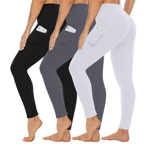 Gayhay 3er Pack Sport Leggings Damen mit Taschen Sportleggins Lang High Waist 7/8 Sporthosen Laufhosen Gym Yoga Leggins Blickdicht Stretch,S-M,Schwarz+Dunkelgrau+Weiß von Gayhay