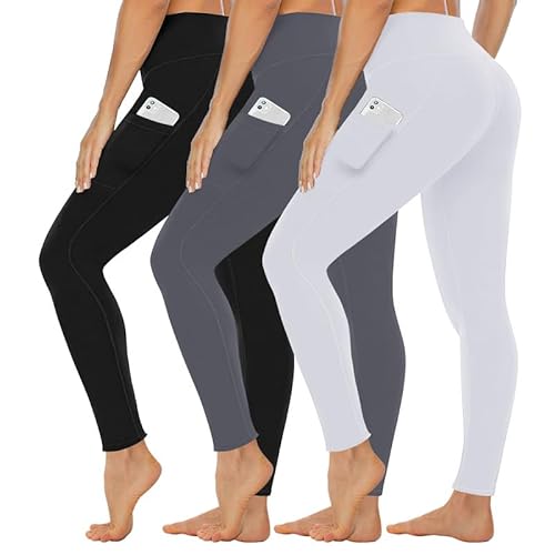 Gayhay 3er Pack Sport Leggings Damen mit Taschen Sportleggins Lang High Waist 7/8 Sporthosen Laufhosen Gym Yoga Leggins Blickdicht Stretch,L-XL,Schwarz+Dunkelgrau+Weiß von Gayhay