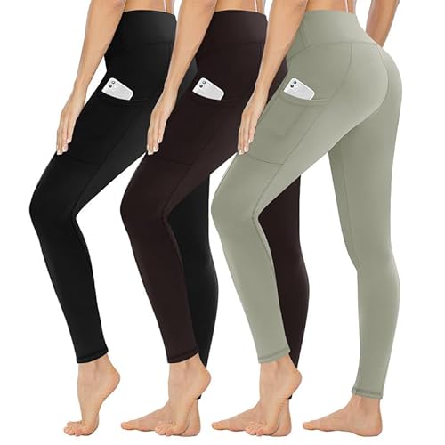 Gayhay 3er Pack Sport Leggings Damen mit Taschen High Waist Schwarz Sportleggins Lang Sporthosen Gym Yoga Leggins Blickdicht Stretch,XXL,Schwarz+Salbeigrün+Dunkelbraun von Gayhay